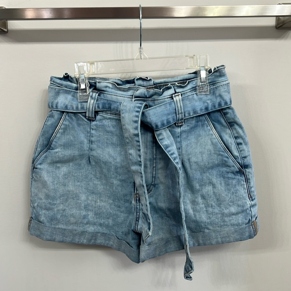 Express: Size 4, Paper Bag Waist High Rise Shorts. Light Blue.